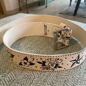 White Leather Belt with Tattoo Design